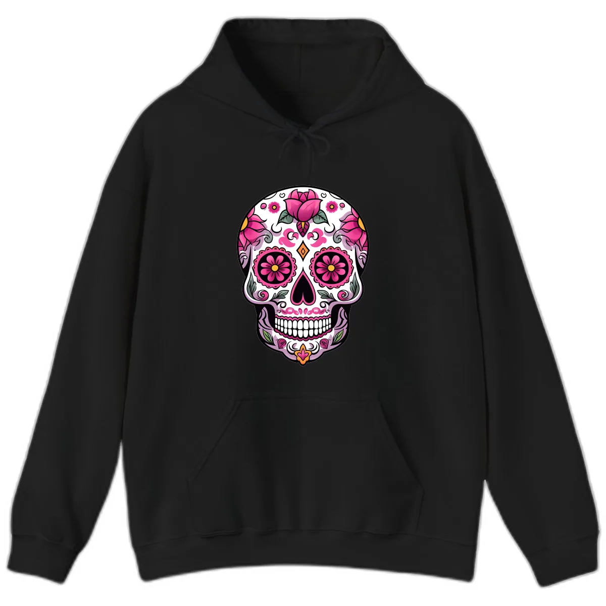 Vibrant Pink Floral Calavera Sugar Skull Hoodie in Black