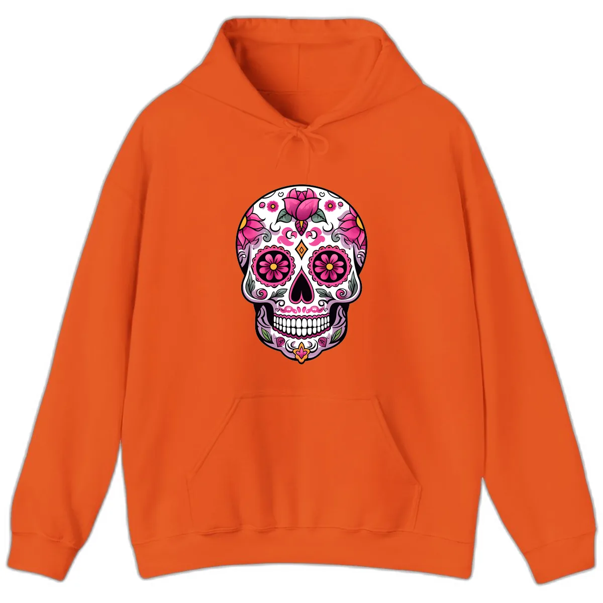 Vibrant Pink Floral Calavera Sugar Skull Hoodie in Orange