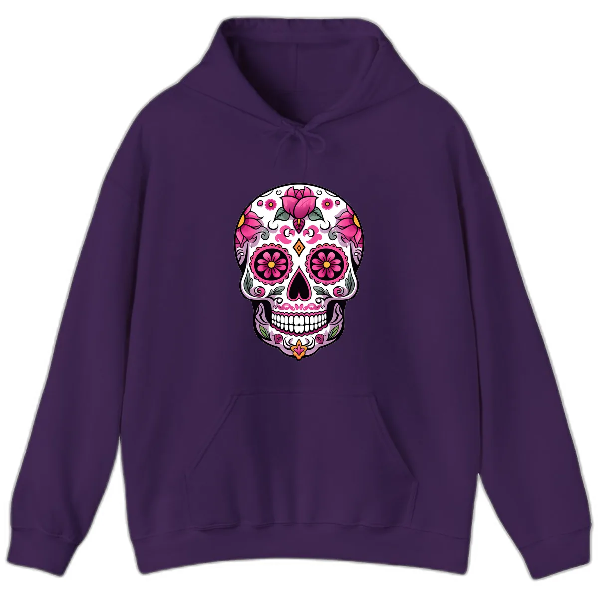 Vibrant Pink Floral Calavera Sugar Skull Hoodie in Purple