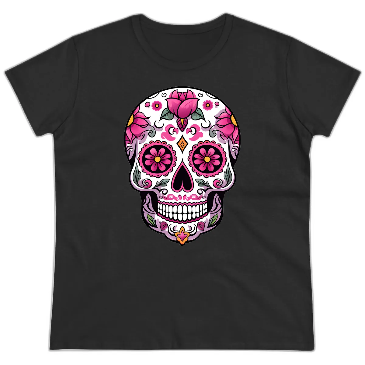 Vibrant Pink Floral Calavera Sugar Skull Ladies Tee in Black