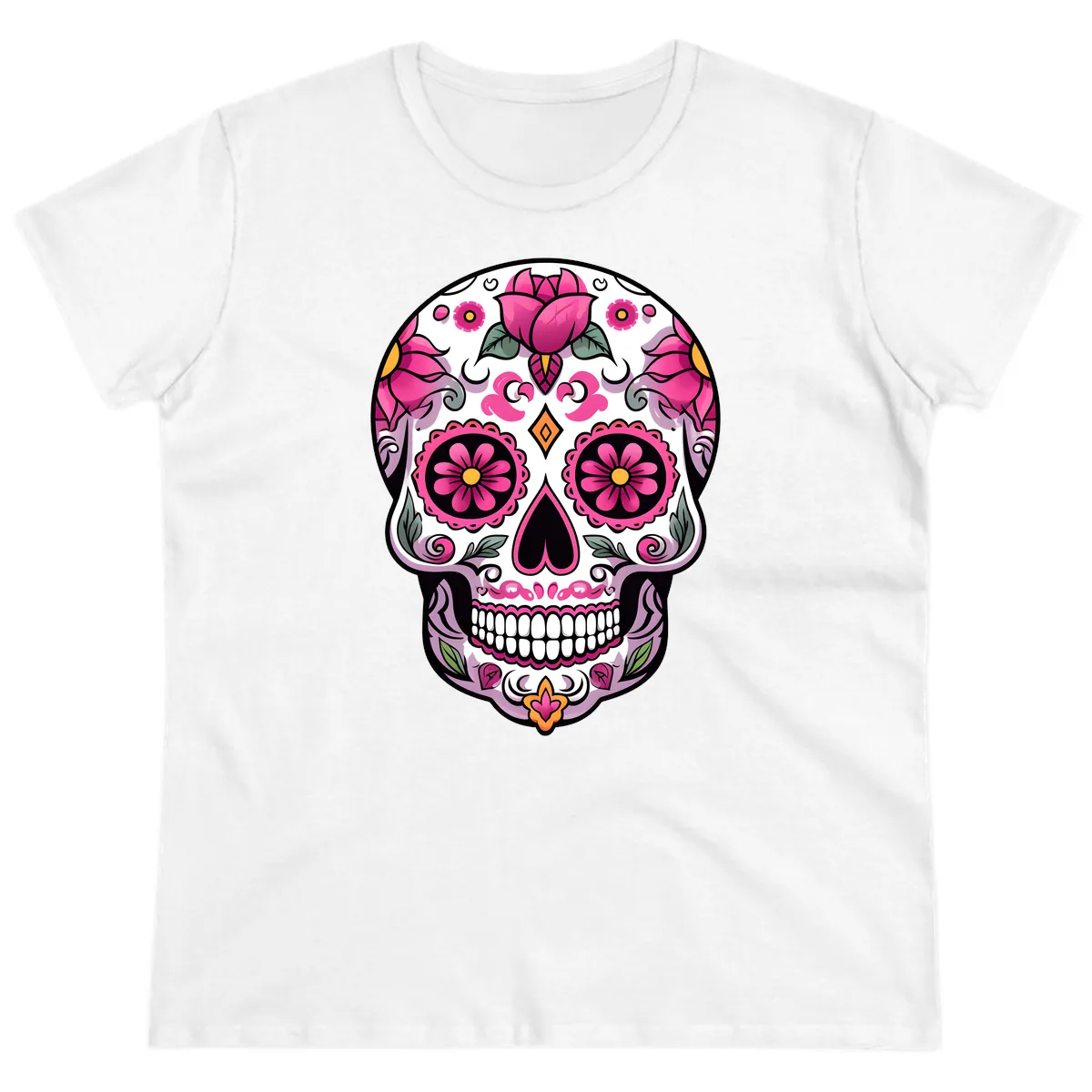 Vibrant Pink Floral Calavera Sugar Skull Ladies Tee in White