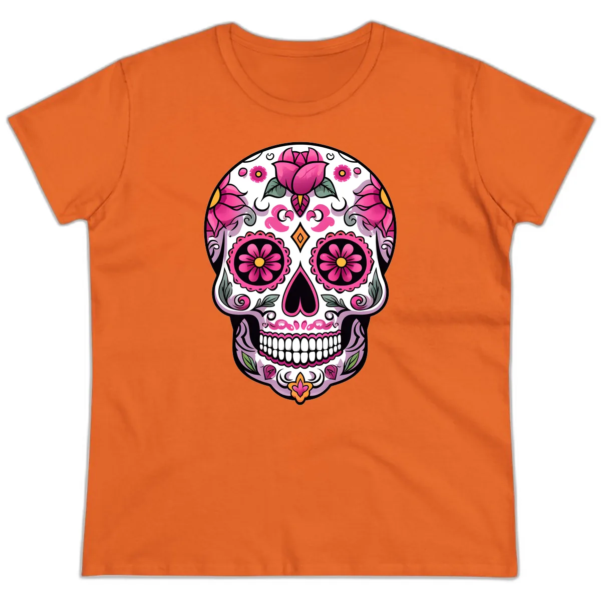 Vibrant Pink Floral Calavera Sugar Skull Ladies Tee in Orange