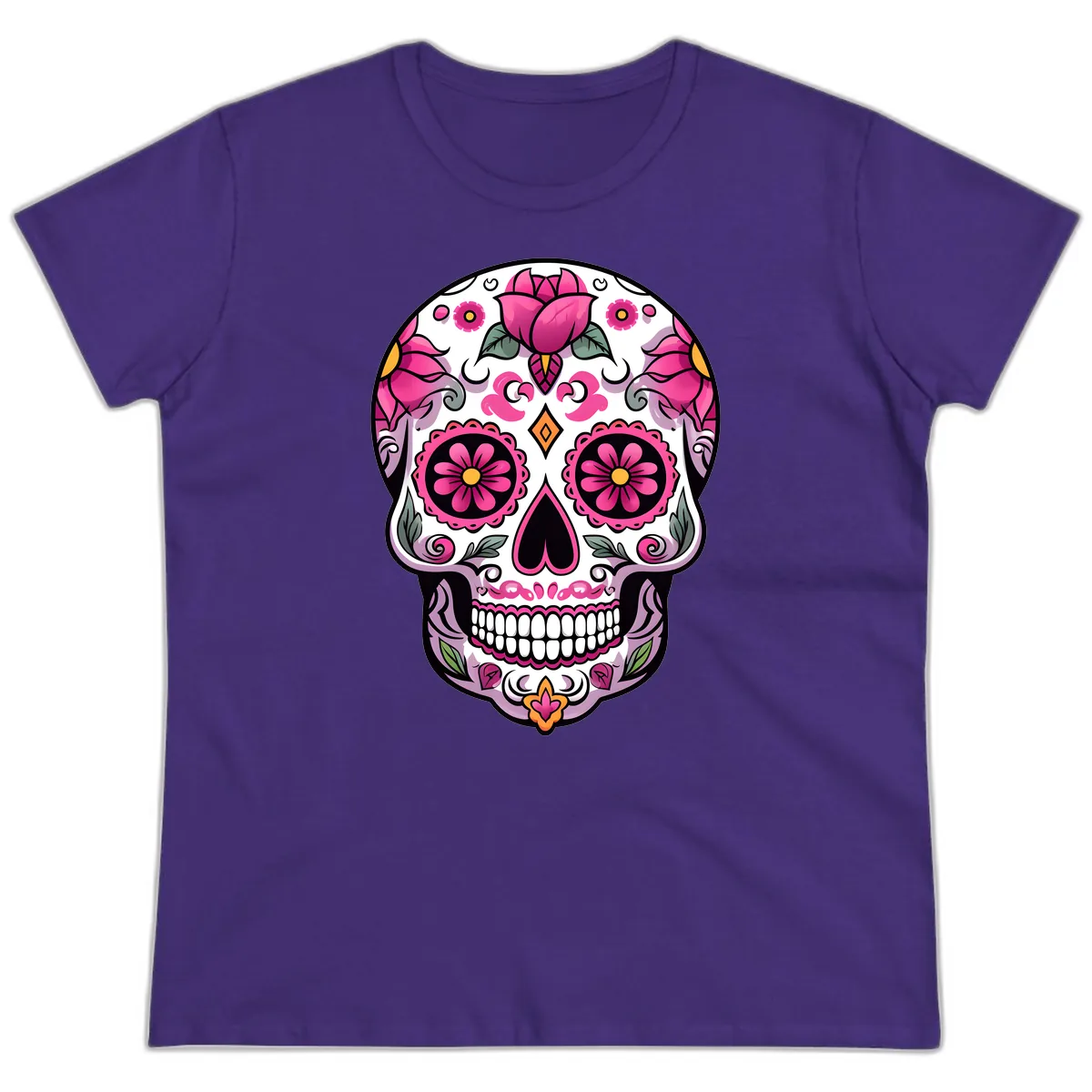 Vibrant Pink Floral Calavera Sugar Skull Ladies Tee in Purple