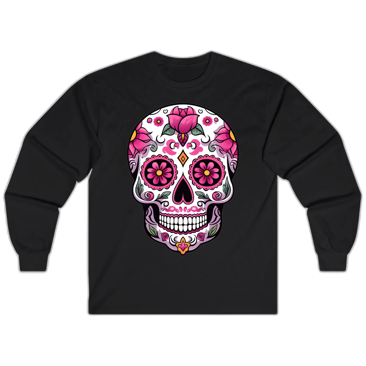 Vibrant Pink Floral Calavera Sugar Skull Long Sleeve in Black