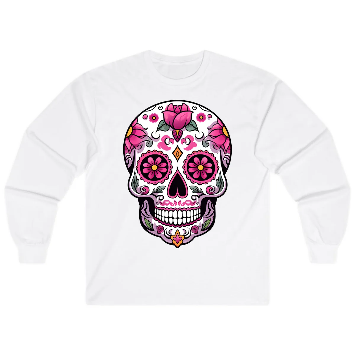 Vibrant Pink Floral Calavera Sugar Skull Long Sleeve in White