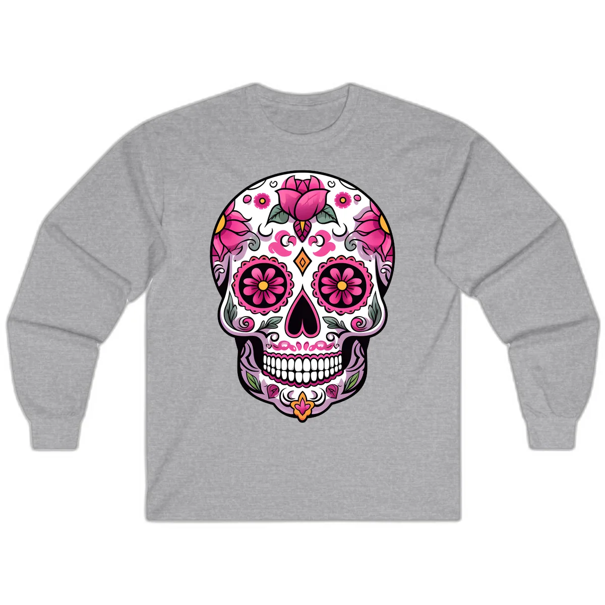 Vibrant Pink Floral Calavera Sugar Skull Long Sleeve in Sport Grey