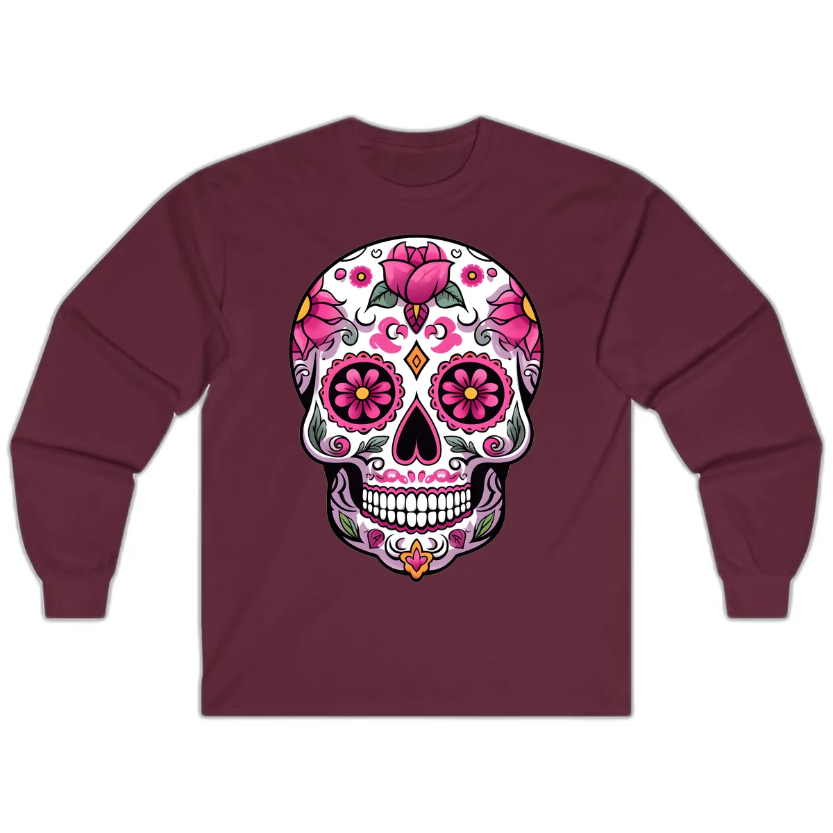 Vibrant Pink Floral Calavera Sugar Skull Long Sleeve in Maroon