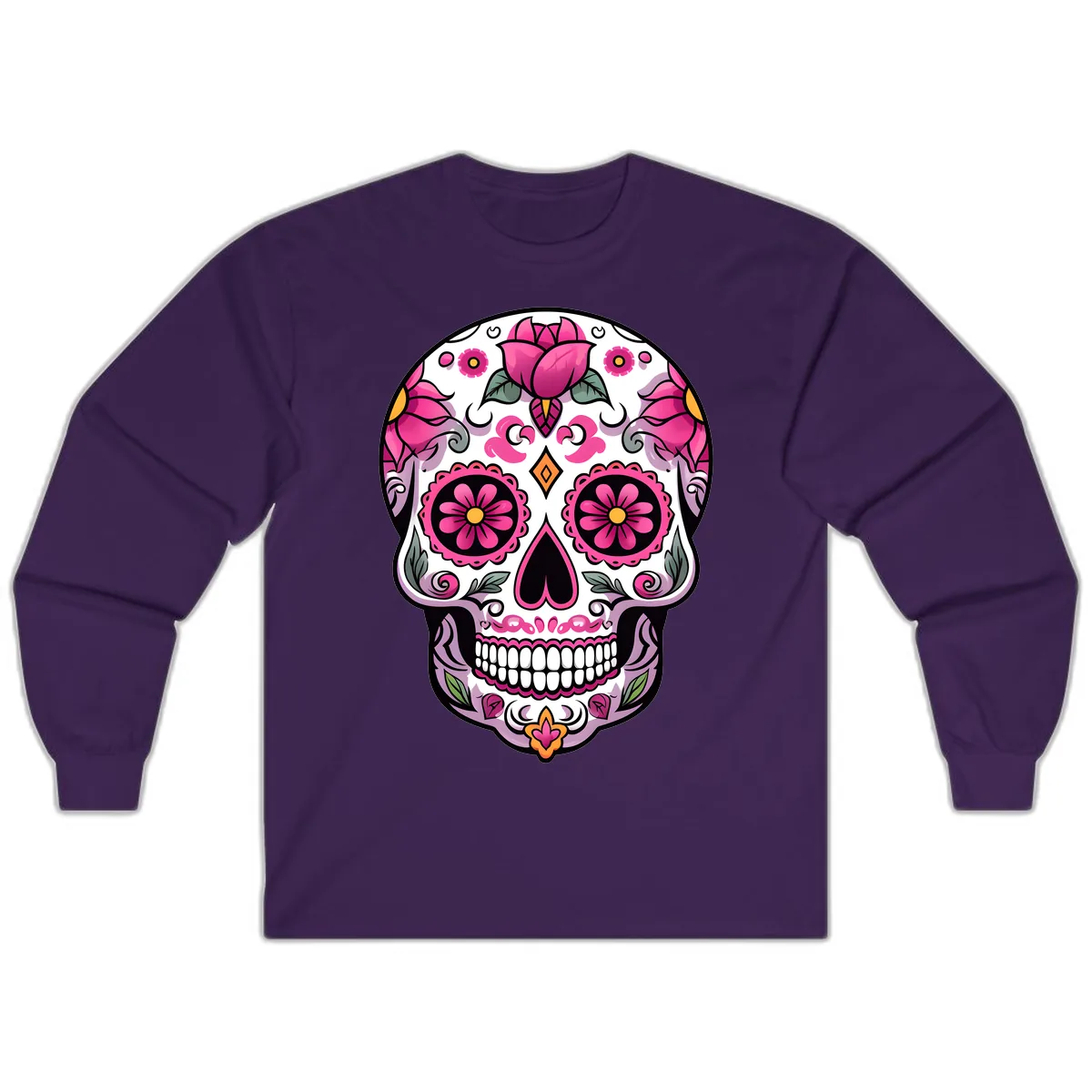 Vibrant Pink Floral Calavera Sugar Skull Long Sleeve in Purple