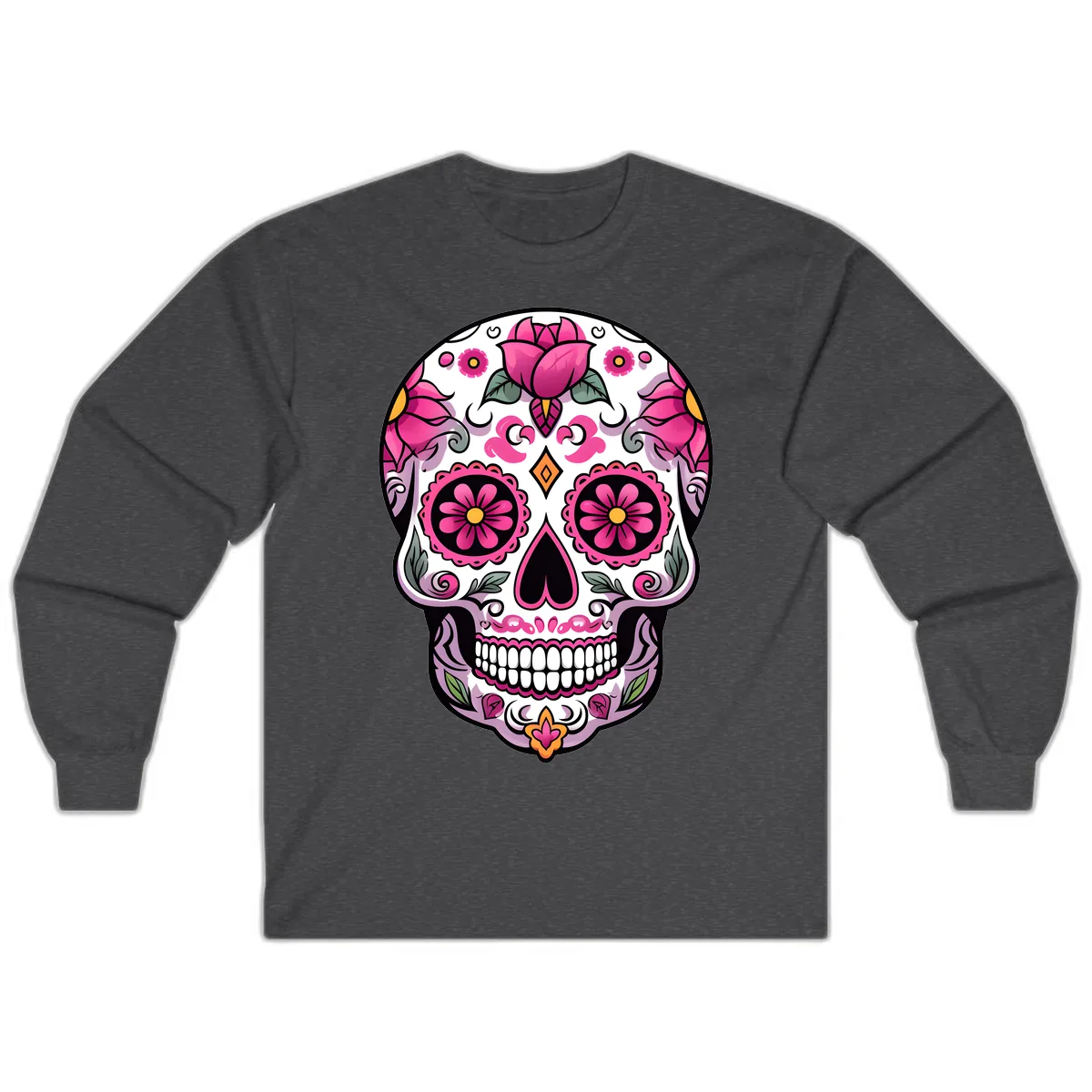Vibrant Pink Floral Calavera Sugar Skull Long Sleeve in Dark Heather