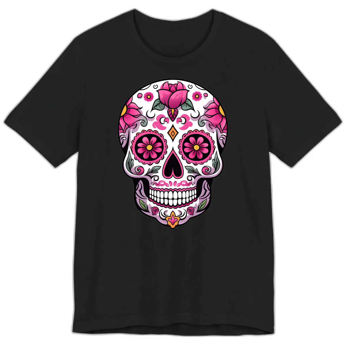 Vibrant Pink Floral Calavera Sugar Skull Premium T-Shirt in Black