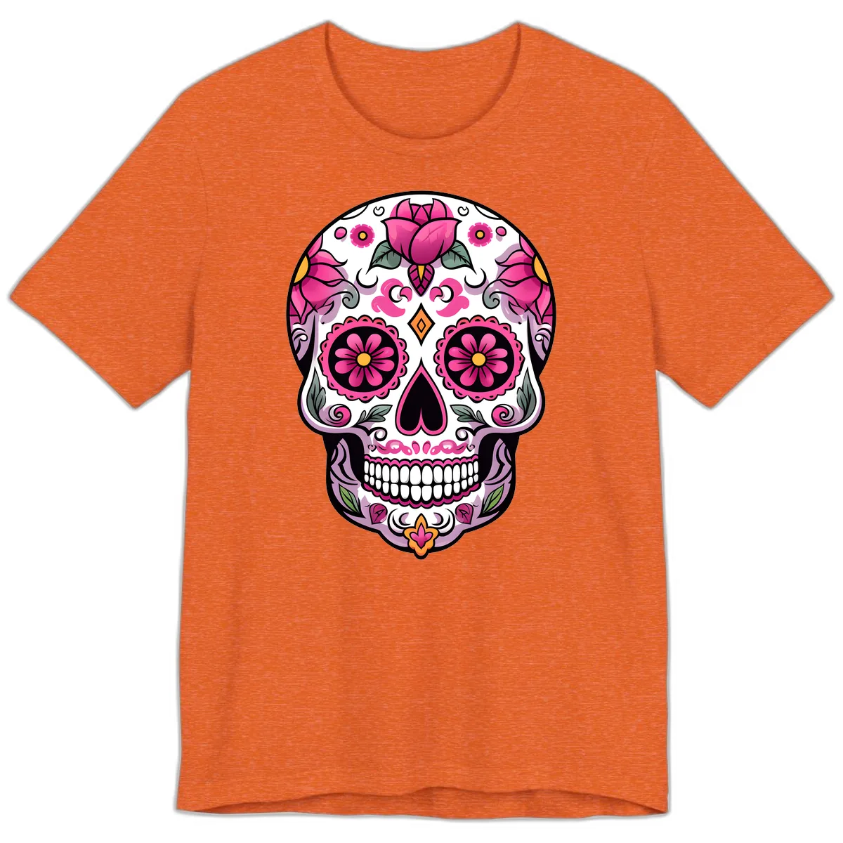 Vibrant Pink Floral Calavera Sugar Skull Premium T-Shirt in Heather Orange