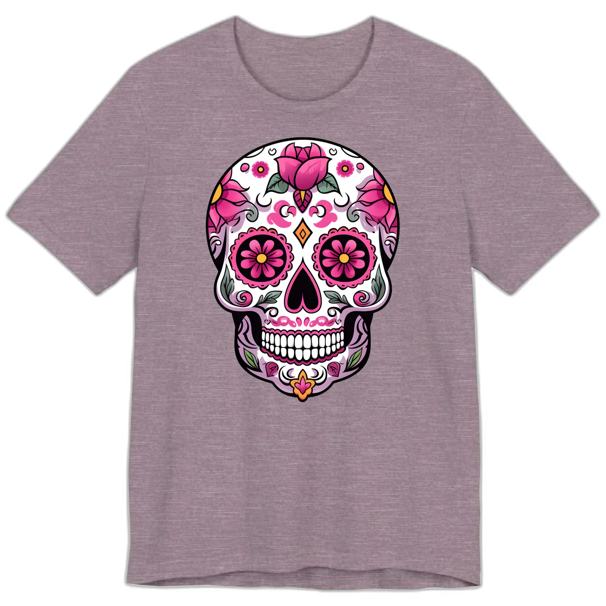 Vibrant Pink Floral Calavera Sugar Skull Premium T-Shirt in Heather Purple