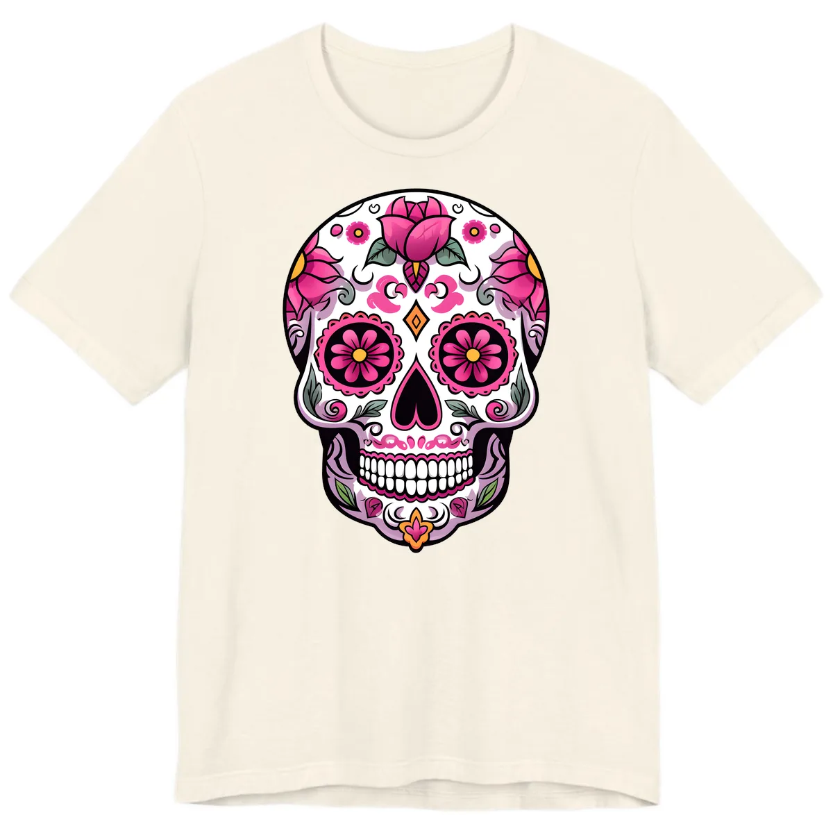 Vibrant Pink Floral Calavera Sugar Skull Premium T-Shirt in Natural