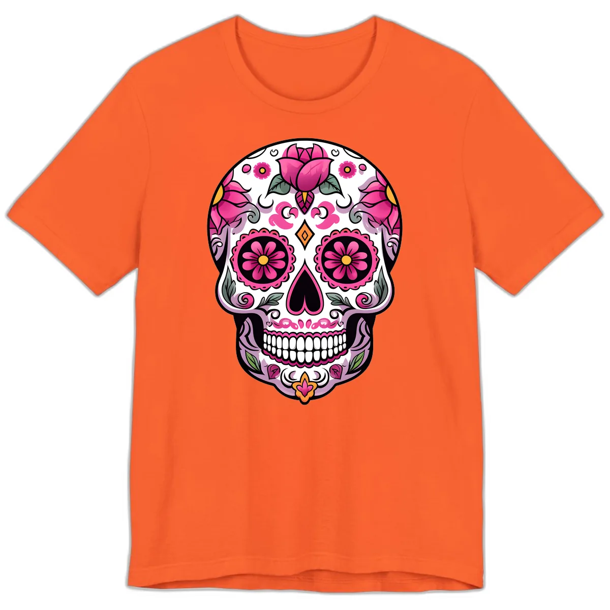 Vibrant Pink Floral Calavera Sugar Skull Premium T-Shirt in Orange