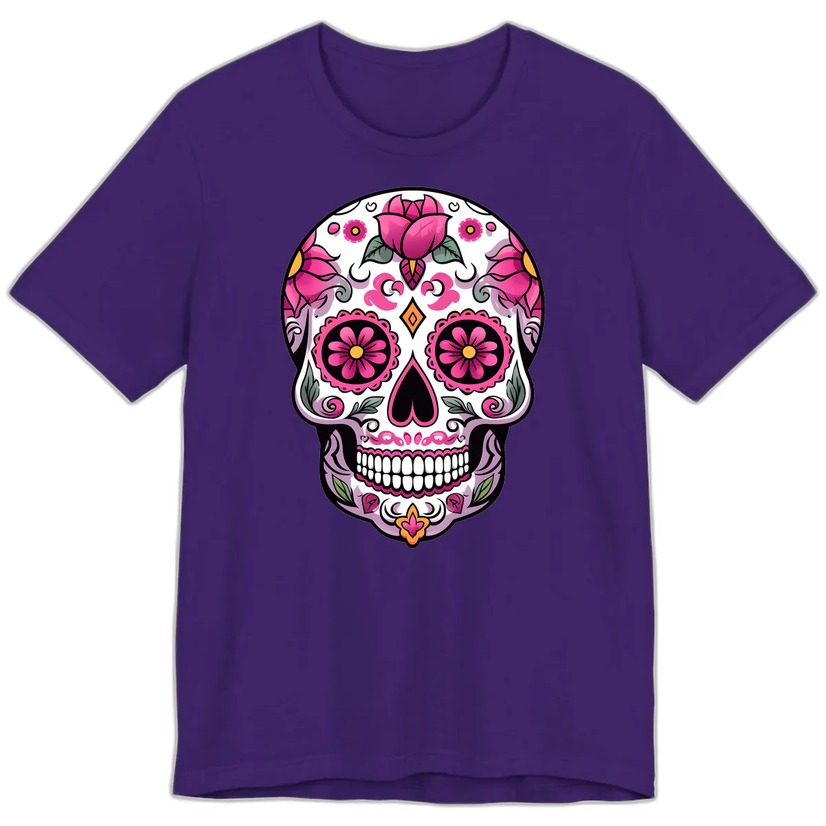 Vibrant Pink Floral Calavera Sugar Skull Premium T-Shirt in Team Purple