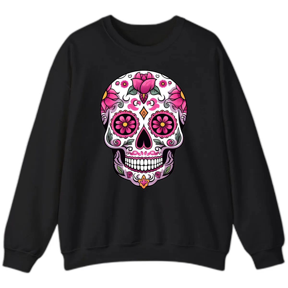 Vibrant Pink Floral Calavera Sugar Skull Sweatshirt in Black
