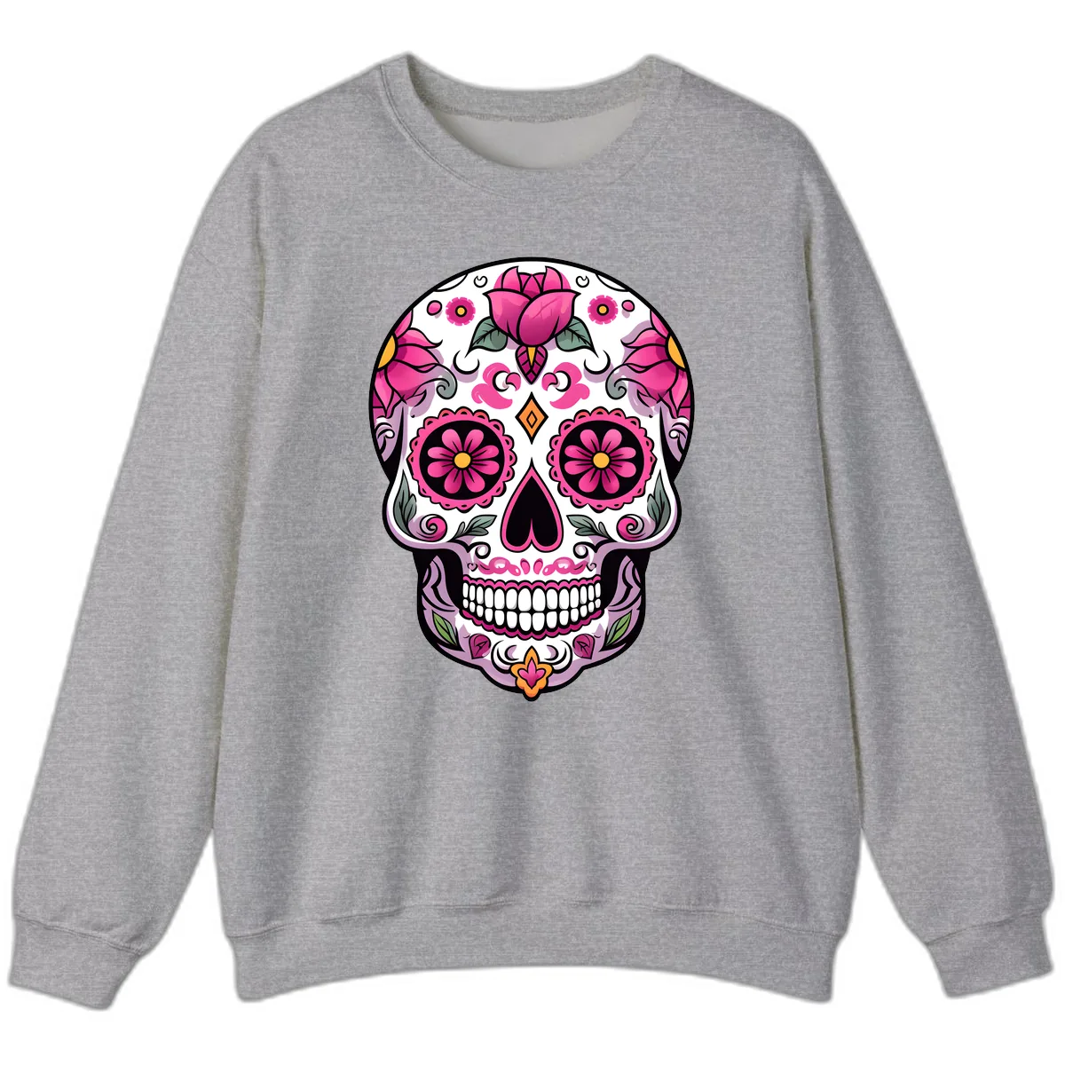 Vibrant Pink Floral Calavera Sugar Skull Sweatshirt in Sport Grey
