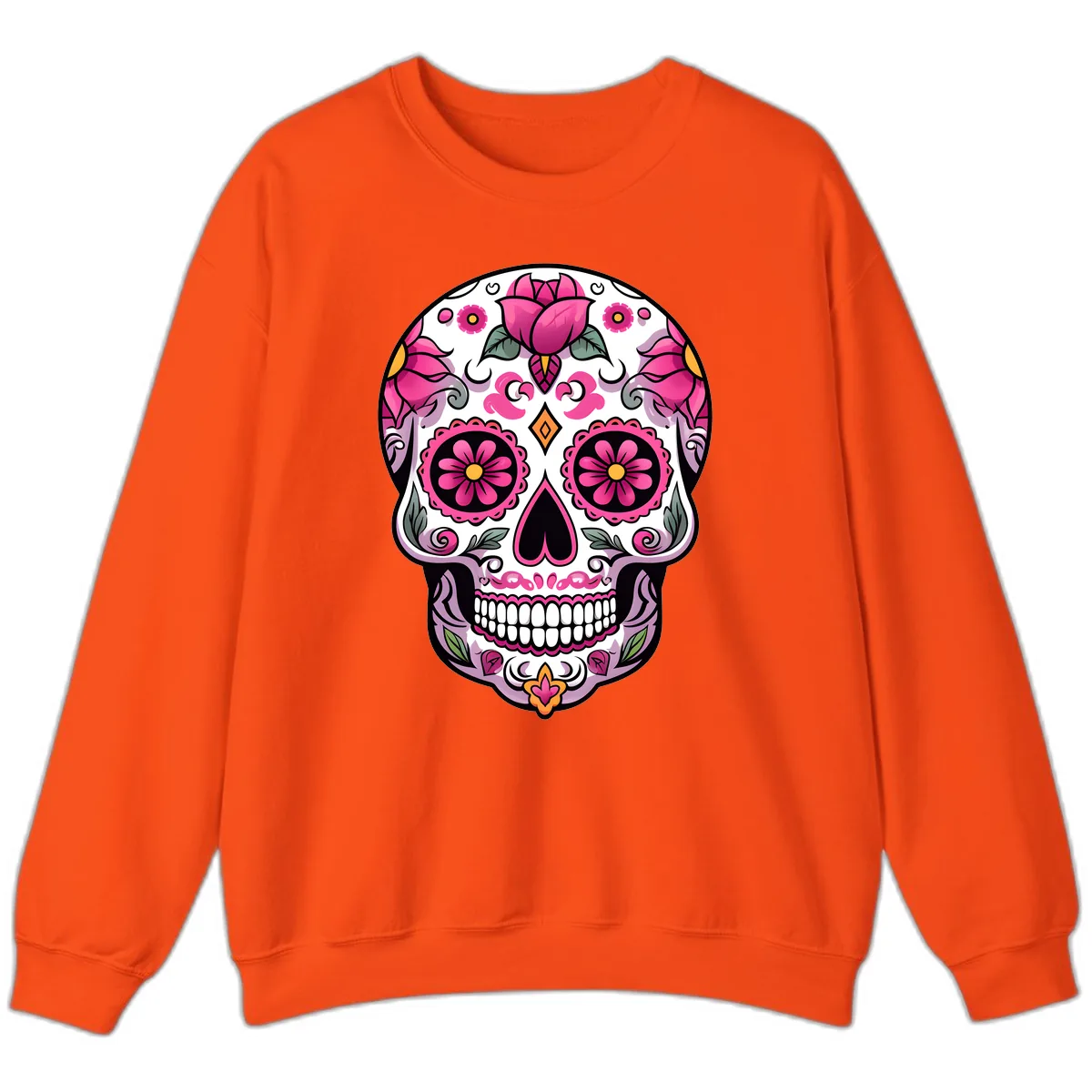 Vibrant Pink Floral Calavera Sugar Skull Sweatshirt in Orange