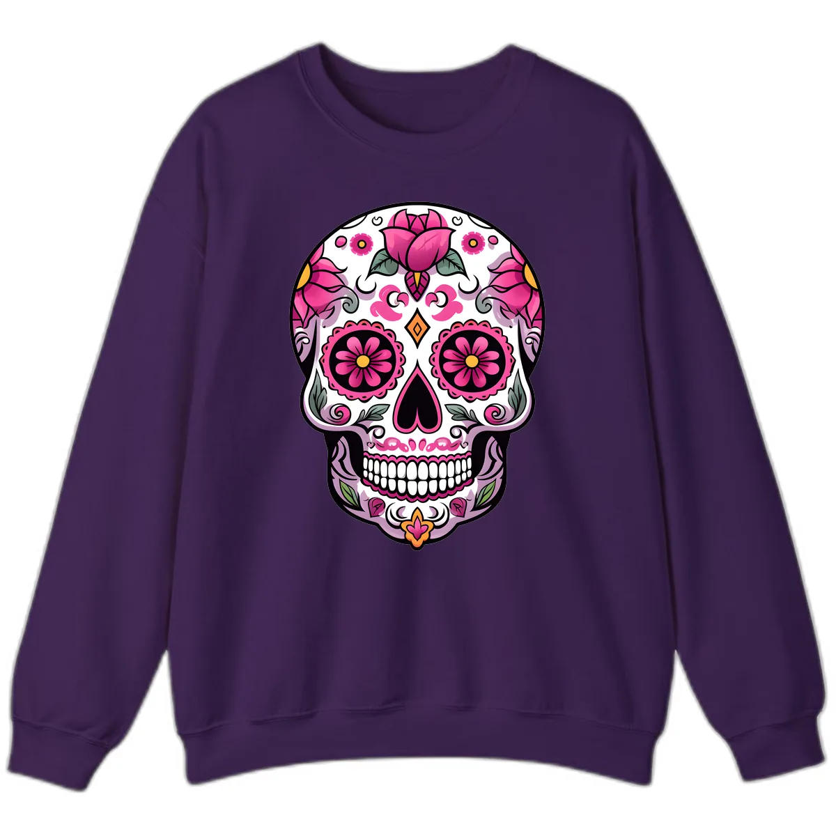 Vibrant Pink Floral Calavera Sugar Skull Sweatshirt in Purple