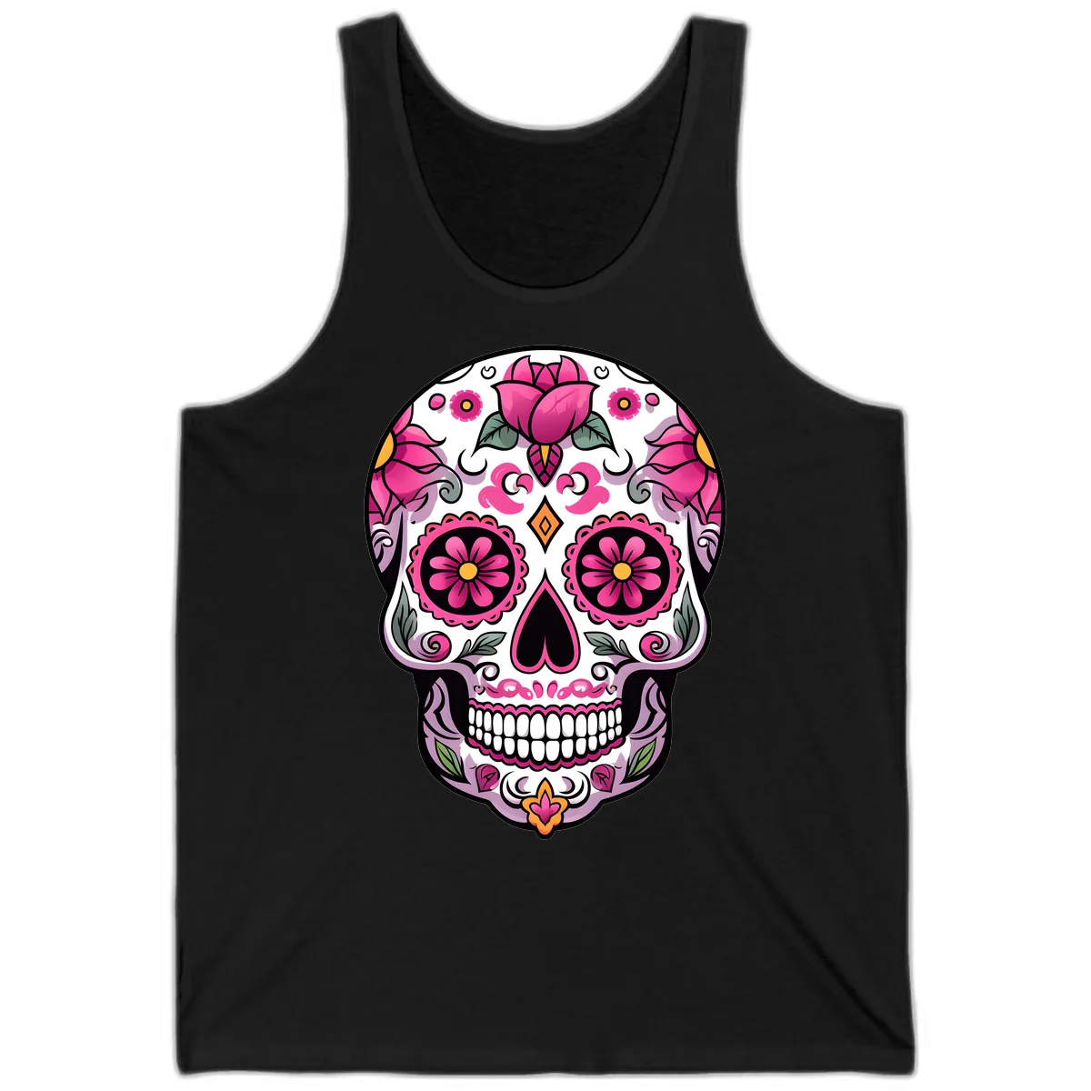 Vibrant Pink Floral Calavera Sugar Skull Tank in Black