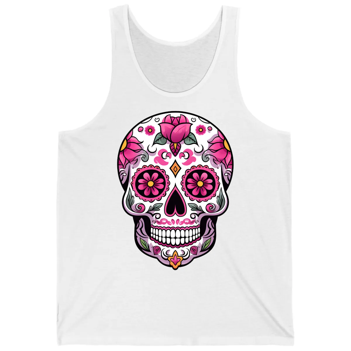 Vibrant Pink Floral Calavera Sugar Skull Tank in White