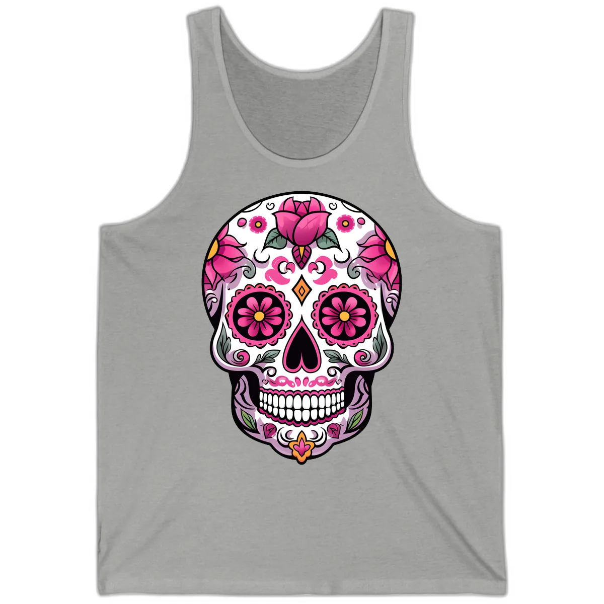 Vibrant Pink Floral Calavera Sugar Skull Tank in Athletic Heather