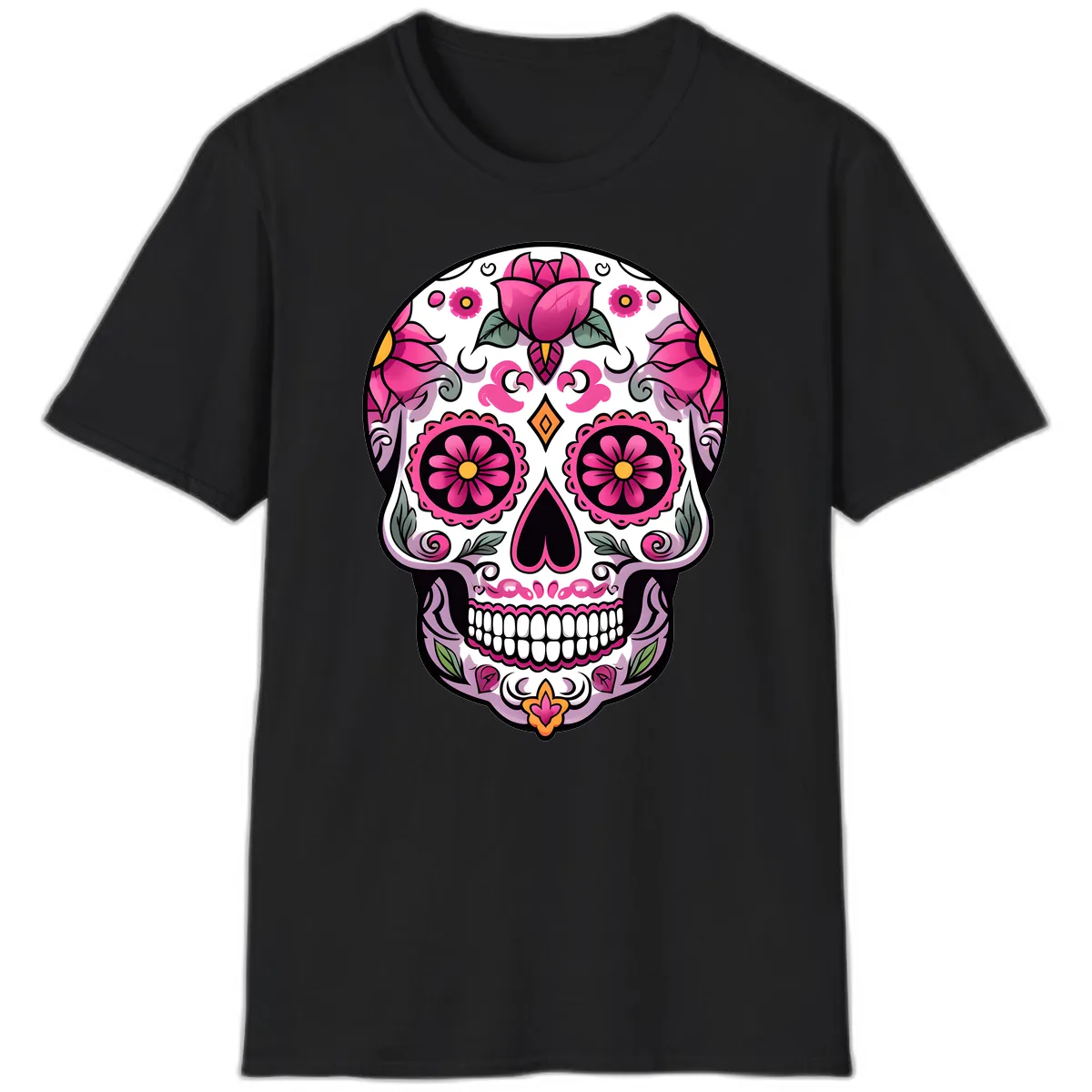 Vibrant Pink Floral Calavera Sugar Skull T-Shirt in Black