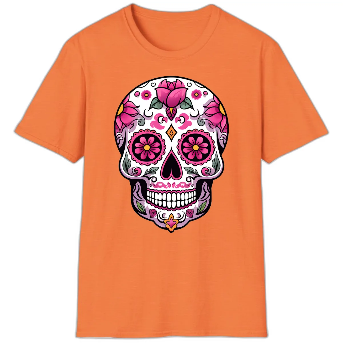 Vibrant Pink Floral Calavera Sugar Skull T-Shirt in Heather Orange