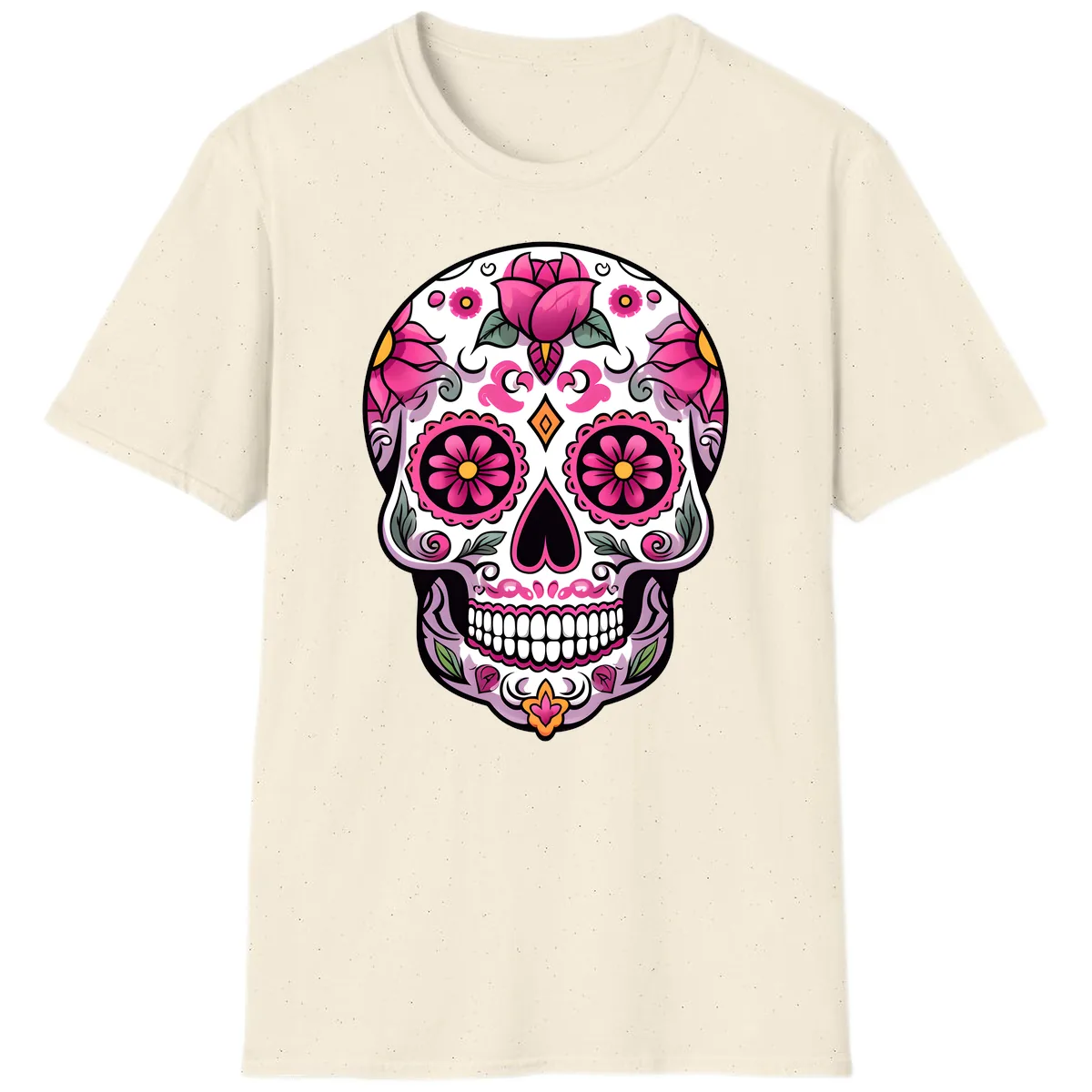 Vibrant Pink Floral Calavera Sugar Skull T-Shirt in Natural