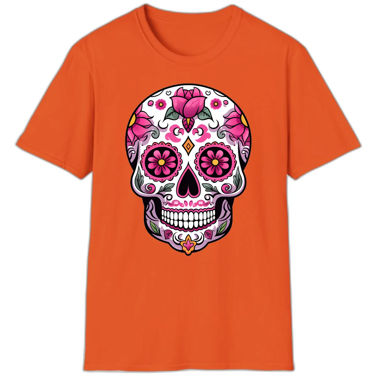 Vibrant Pink Floral Calavera Sugar Skull T-Shirt in Orange