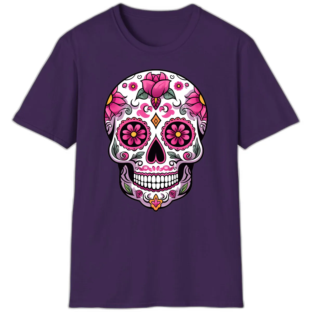 Vibrant Pink Floral Calavera Sugar Skull T-Shirt in Purple