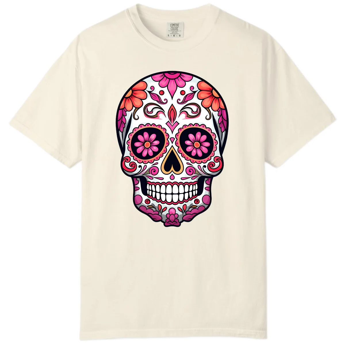 Ornate Floral Calavera Sugar Skull Comfort Color in Ivory