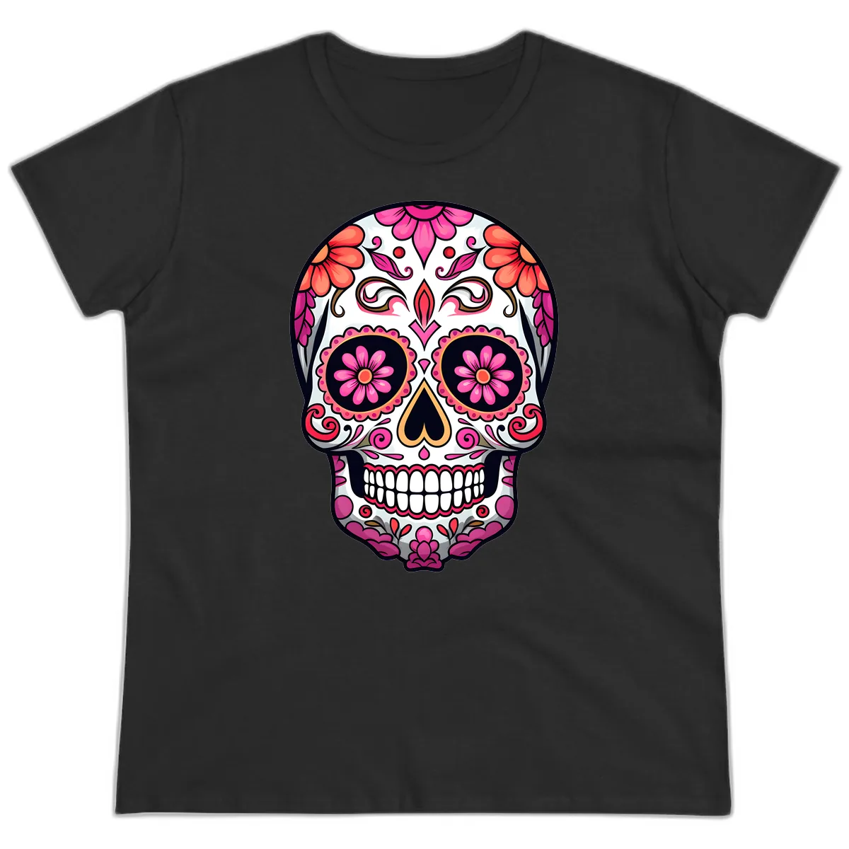Ornate Floral Calavera Sugar Skull Ladies Tee in Black