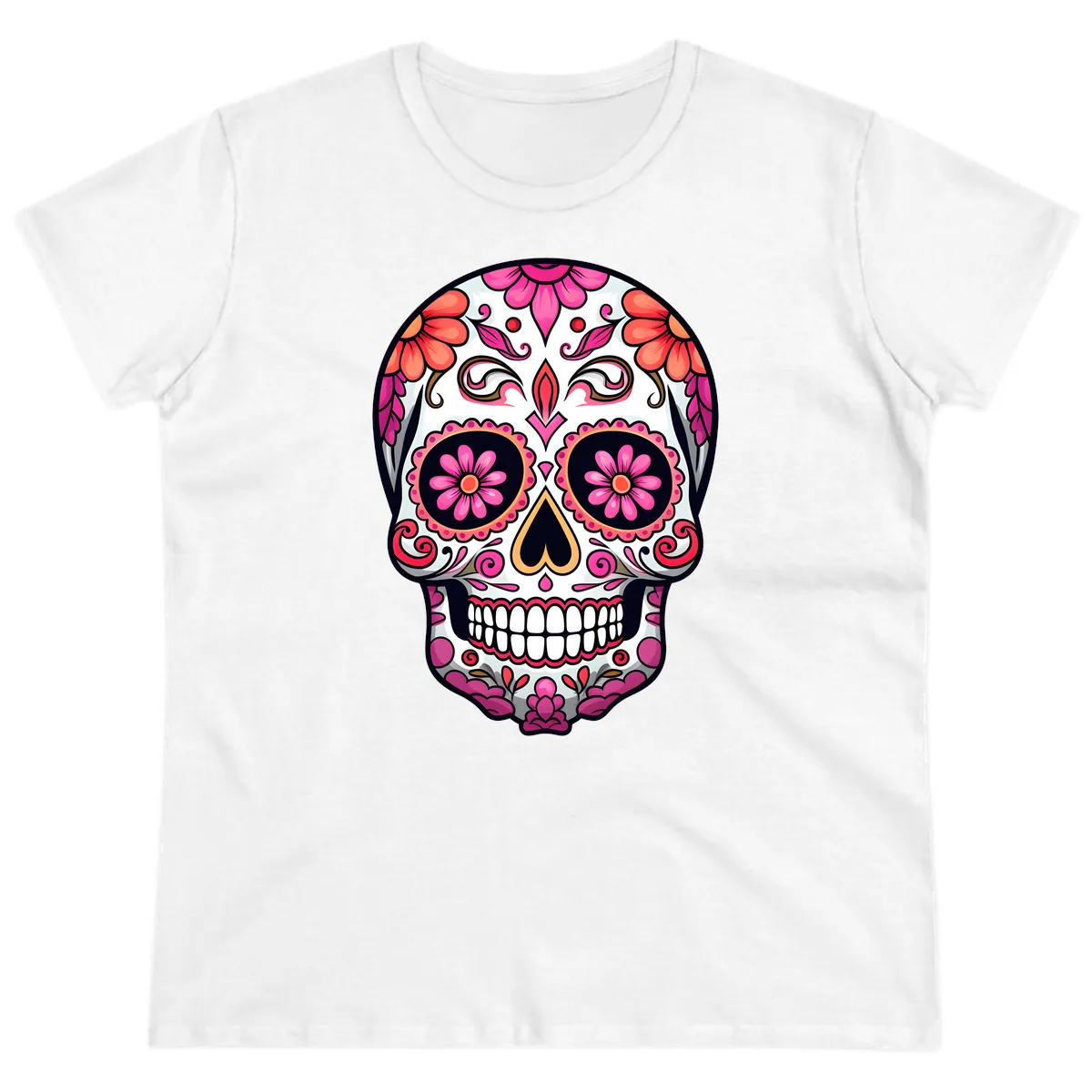 Ornate Floral Calavera Sugar Skull Ladies Tee in White
