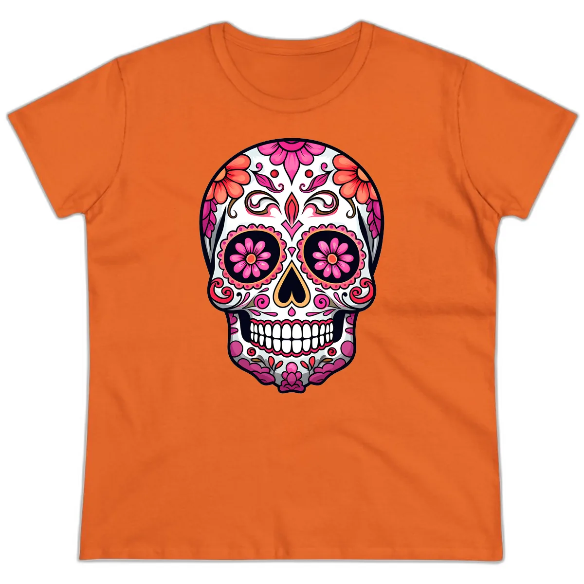 Ornate Floral Calavera Sugar Skull Ladies Tee in Orange