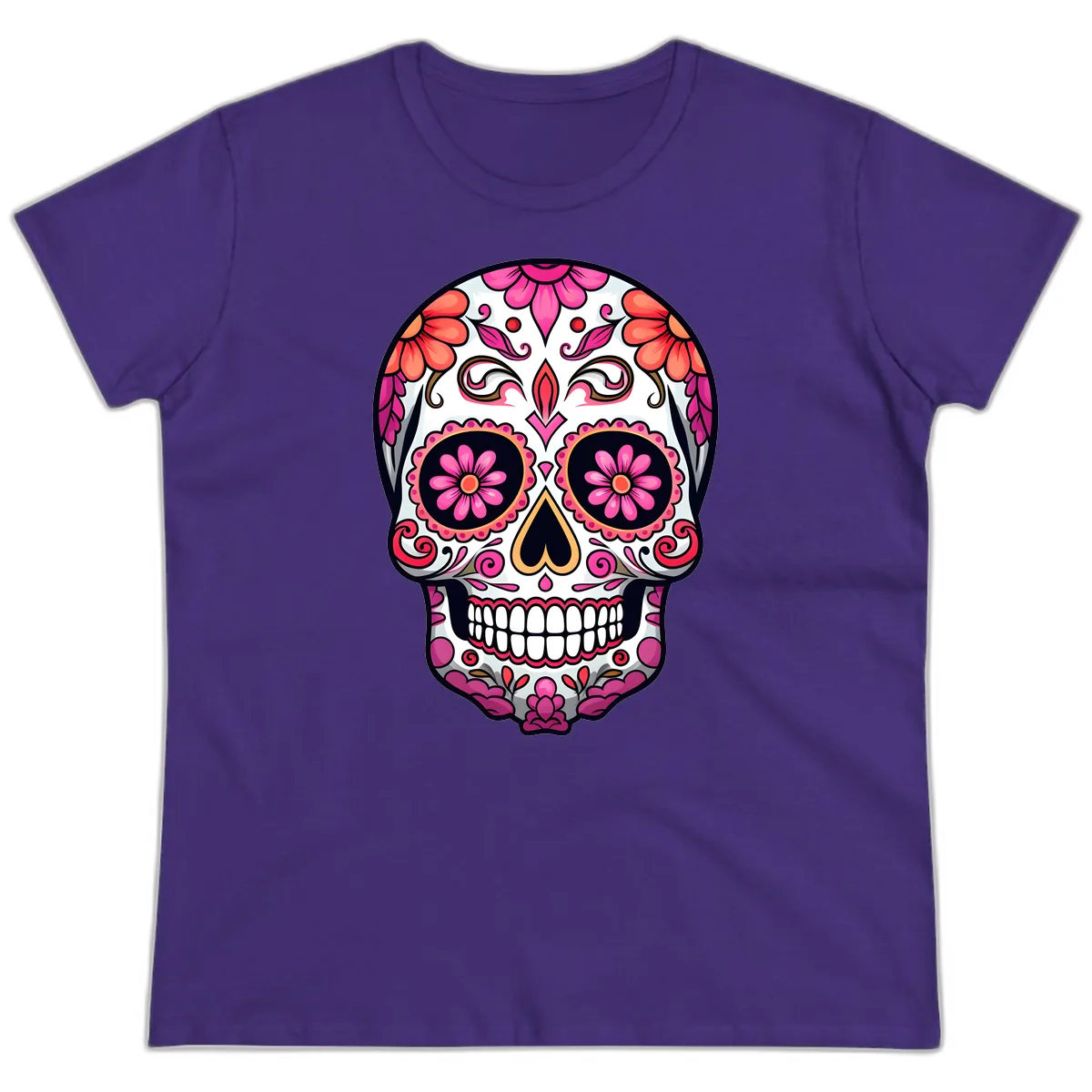 Ornate Floral Calavera Sugar Skull Ladies Tee in Purple
