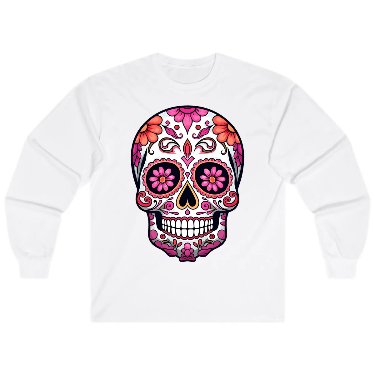 Ornate Floral Calavera Sugar Skull Long Sleeve in White