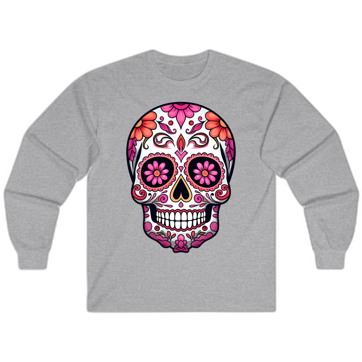 Ornate Floral Calavera Sugar Skull Long Sleeve in Sport Grey