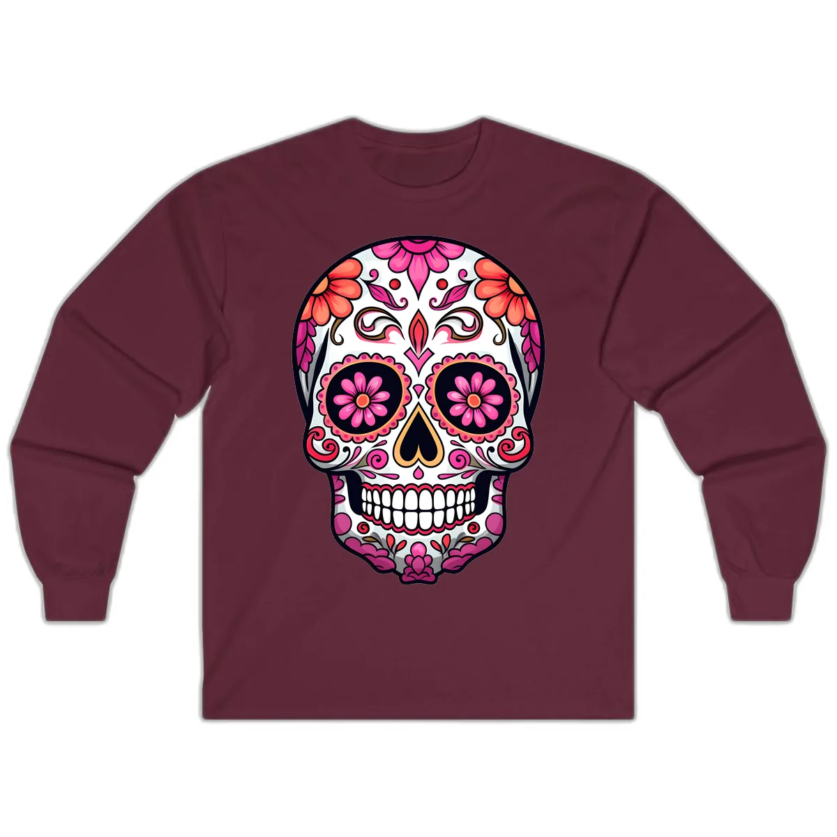 Ornate Floral Calavera Sugar Skull Long Sleeve in Maroon