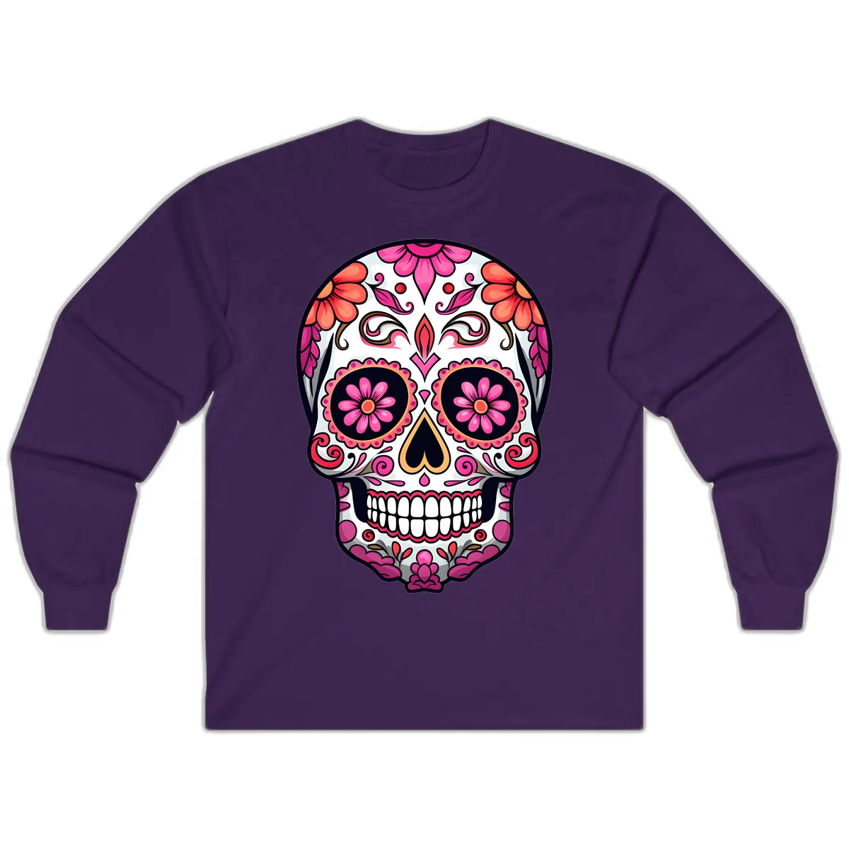 Ornate Floral Calavera Sugar Skull Long Sleeve in Purple