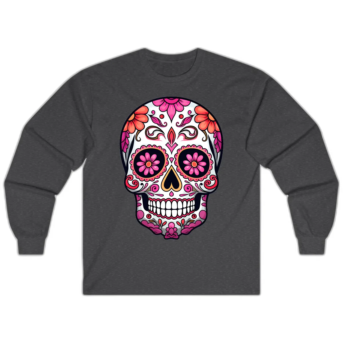 Ornate Floral Calavera Sugar Skull Long Sleeve in Dark Heather