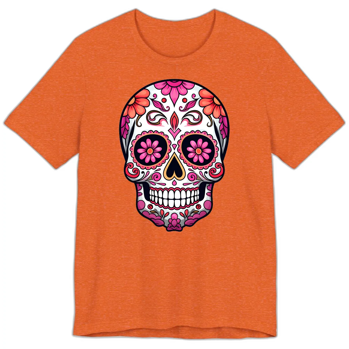Ornate Floral Calavera Sugar Skull Premium T-Shirt in Heather Orange