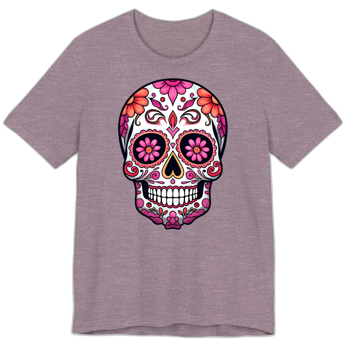 Ornate Floral Calavera Sugar Skull Premium T-Shirt in Heather Purple