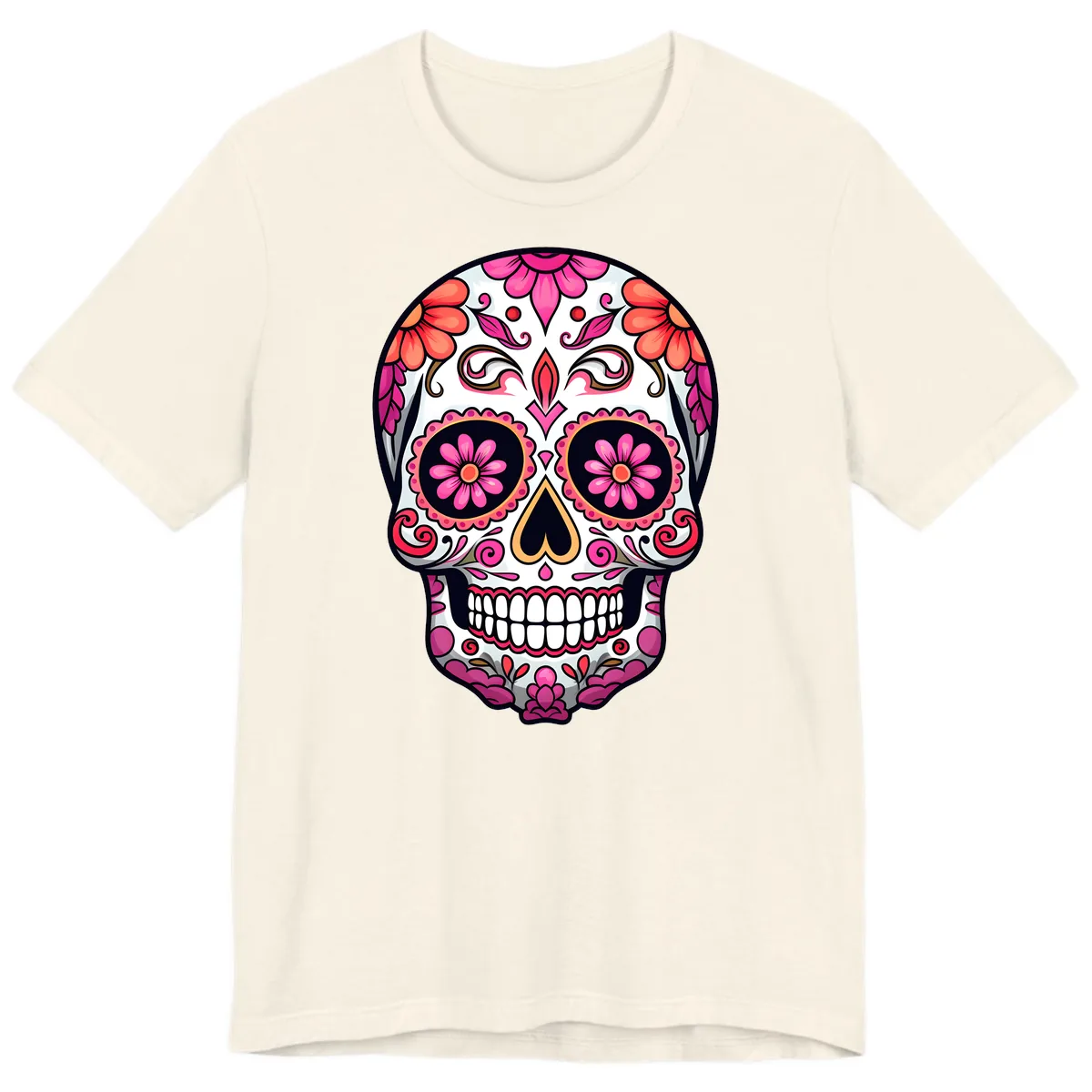 Ornate Floral Calavera Sugar Skull Premium T-Shirt in Natural