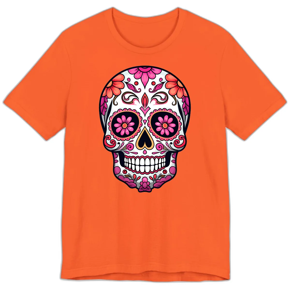 Ornate Floral Calavera Sugar Skull Premium T-Shirt in Orange