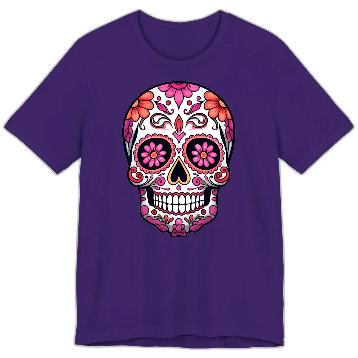 Ornate Floral Calavera Sugar Skull Premium T-Shirt in Team Purple