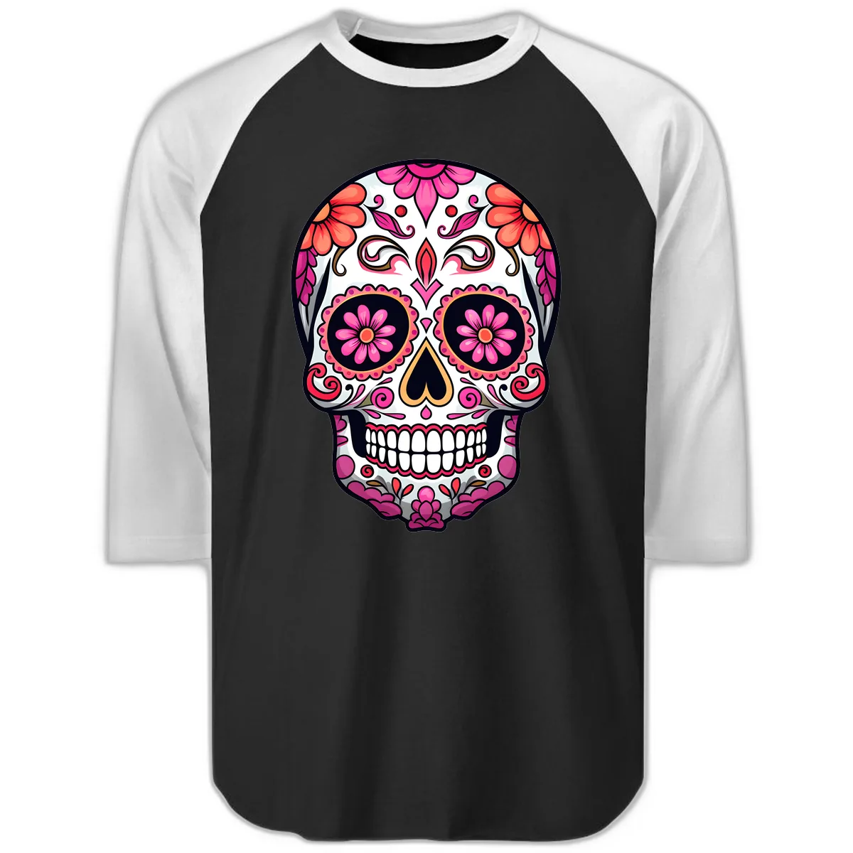 Ornate Floral Calavera Sugar Skull Raglan 3/4 in Black White