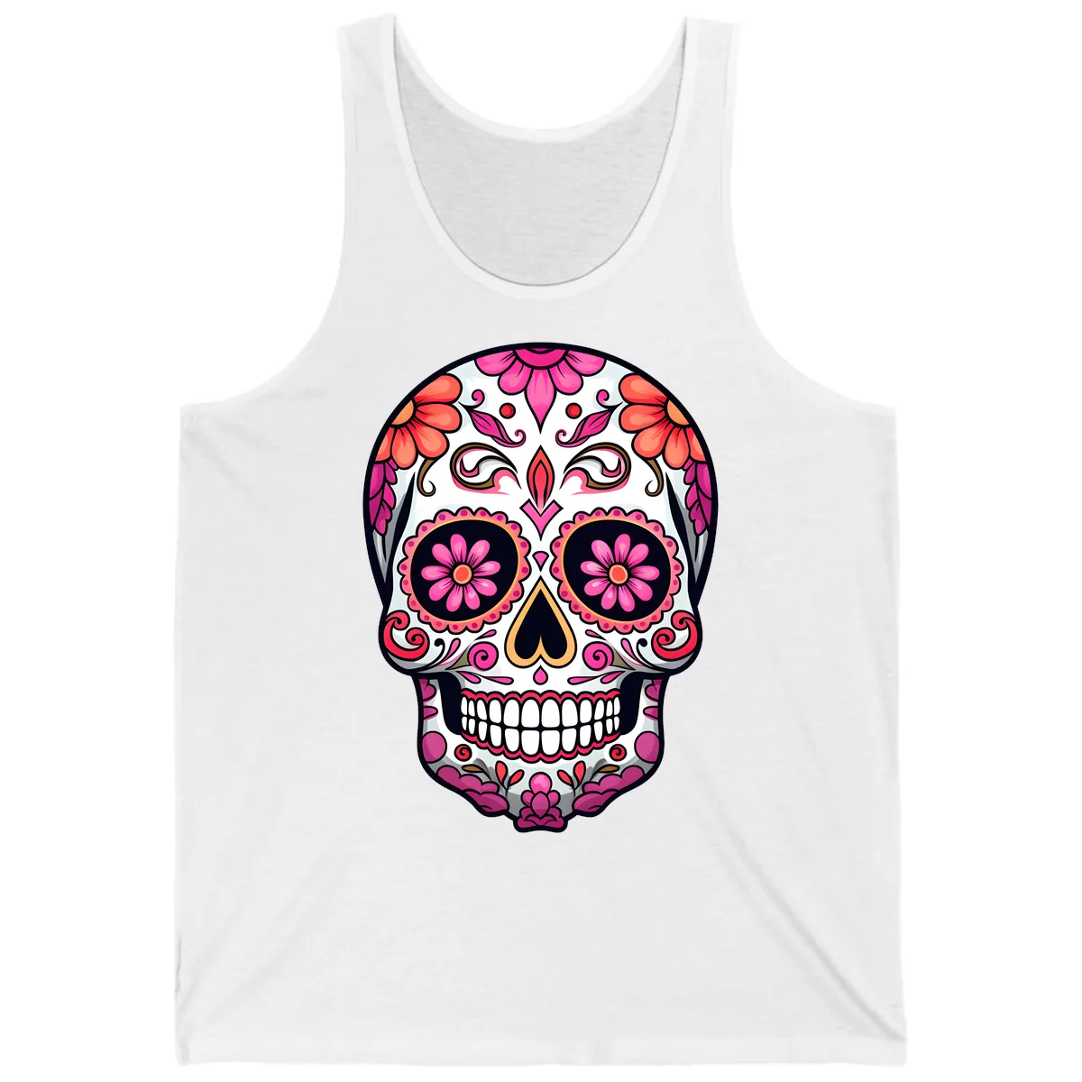 Ornate Floral Calavera Sugar Skull Tank in White