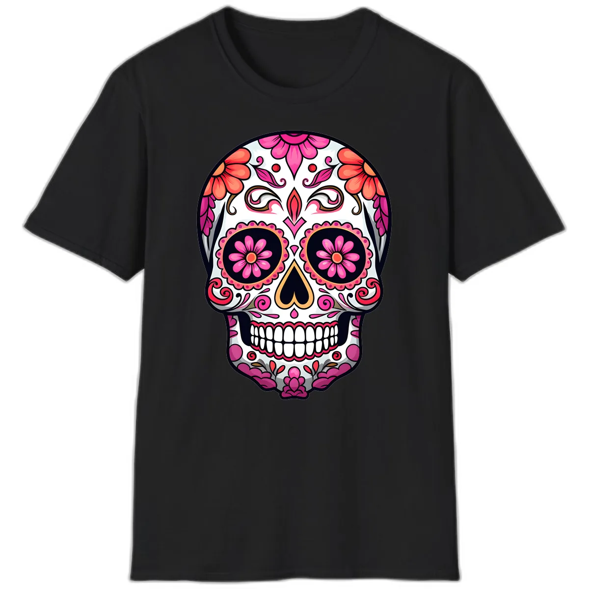 Ornate Floral Calavera Sugar Skull T-Shirt in Black