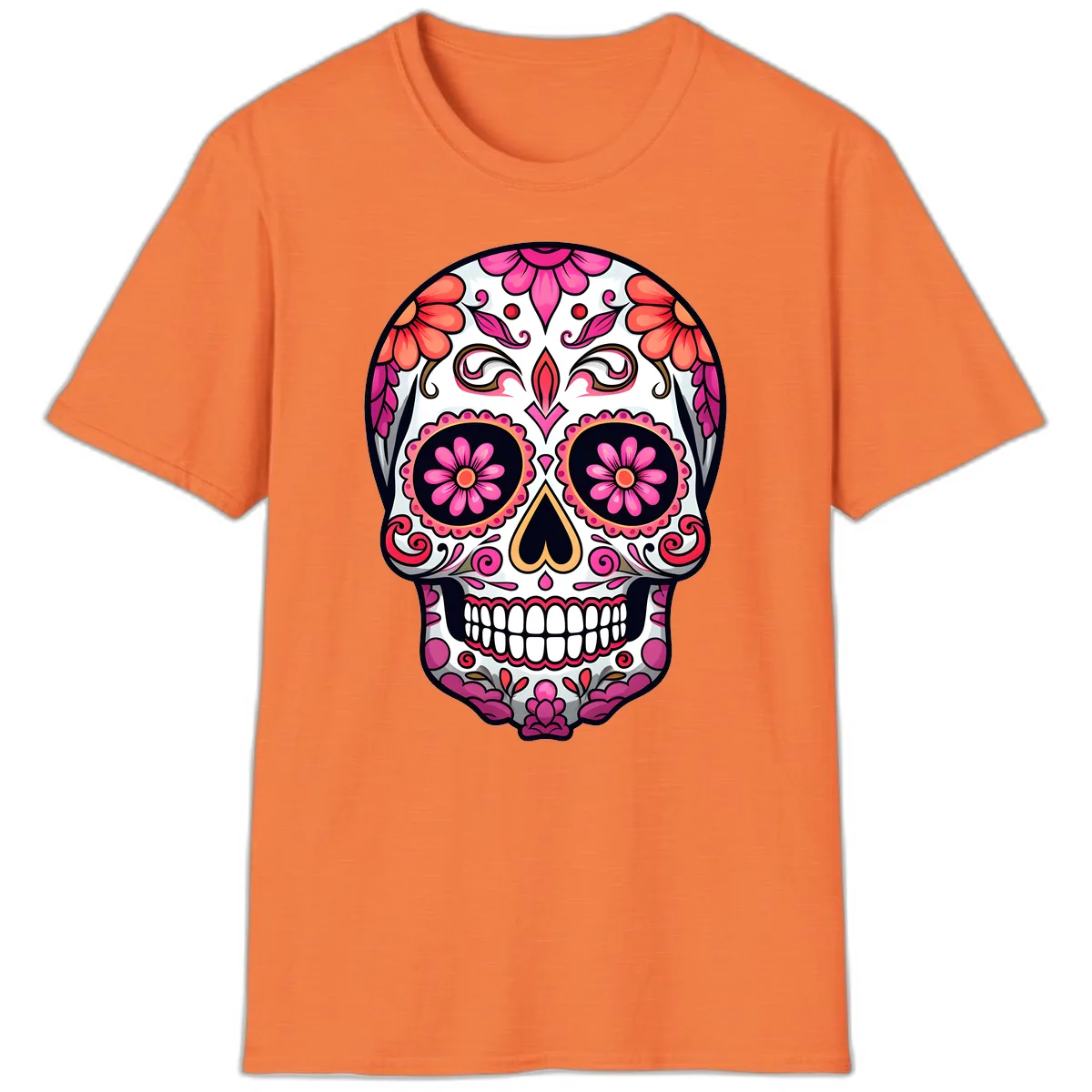 Ornate Floral Calavera Sugar Skull T-Shirt in Heather Orange